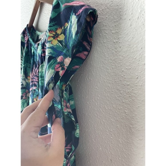 Loft Tropical Print Cap Sleeve Blouse Cotton Size M Green And Blue - Picture 5 of 7
